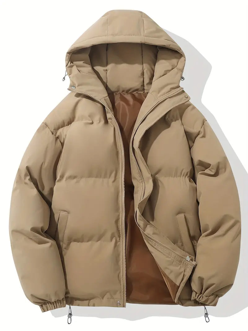 Beige puffer jacket with a hood on a white background