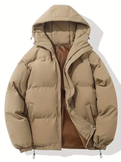 Beige puffer jacket with a hood on a white background