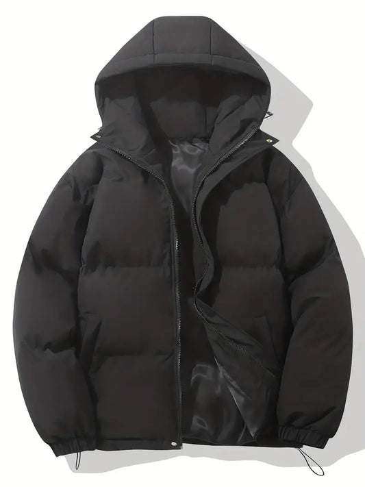 Black puffer jacket with a hood on a white background