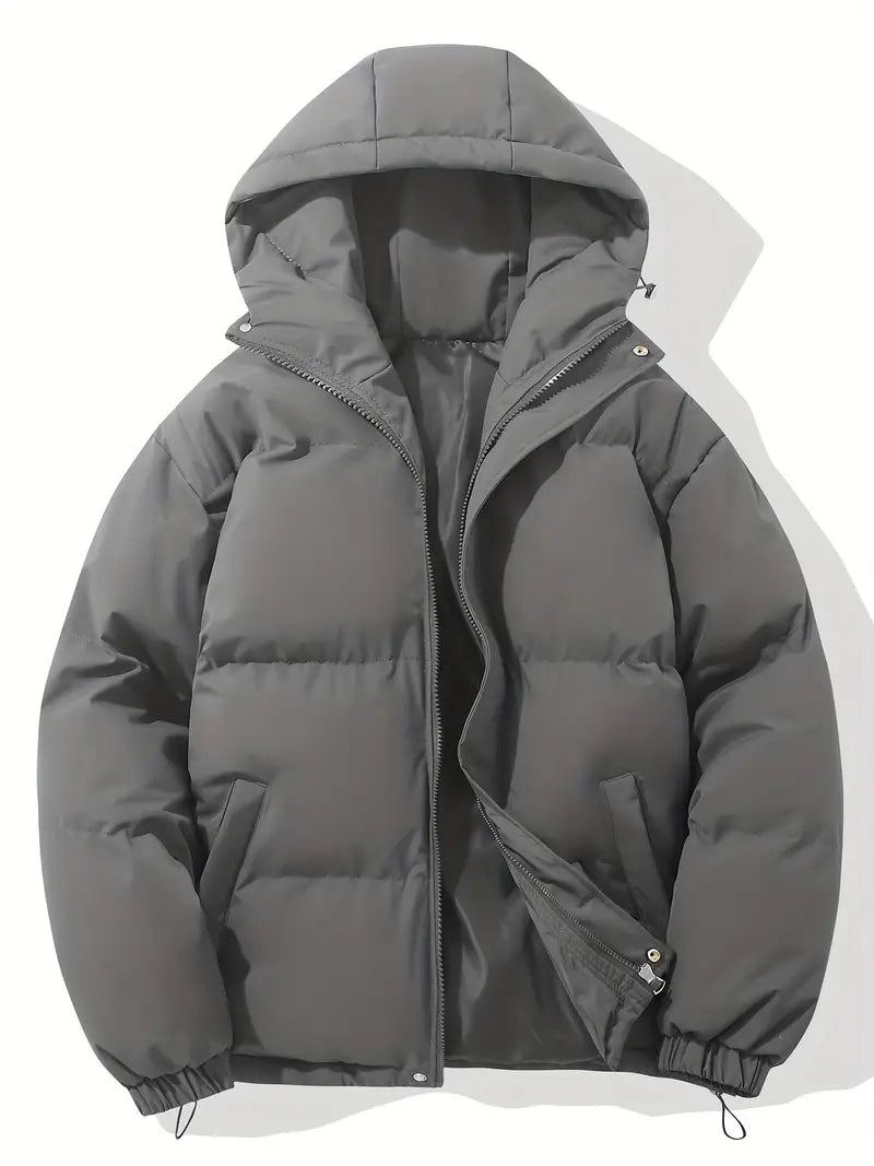 Gray puffer jacket with a hood on a white background