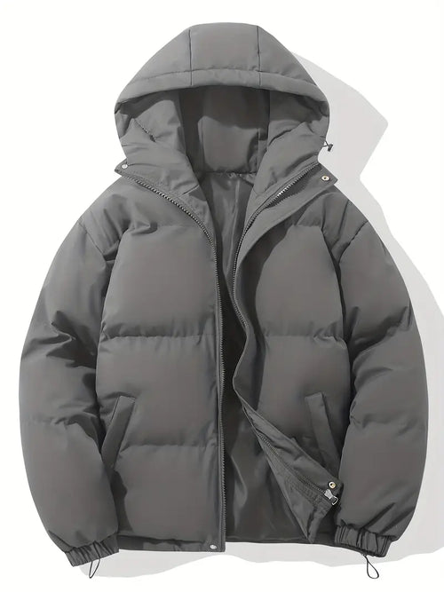 Gray puffer jacket with a hood on a white background