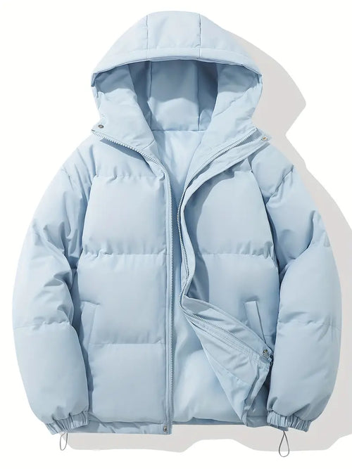Light blue puffer jacket with a hood on a white background