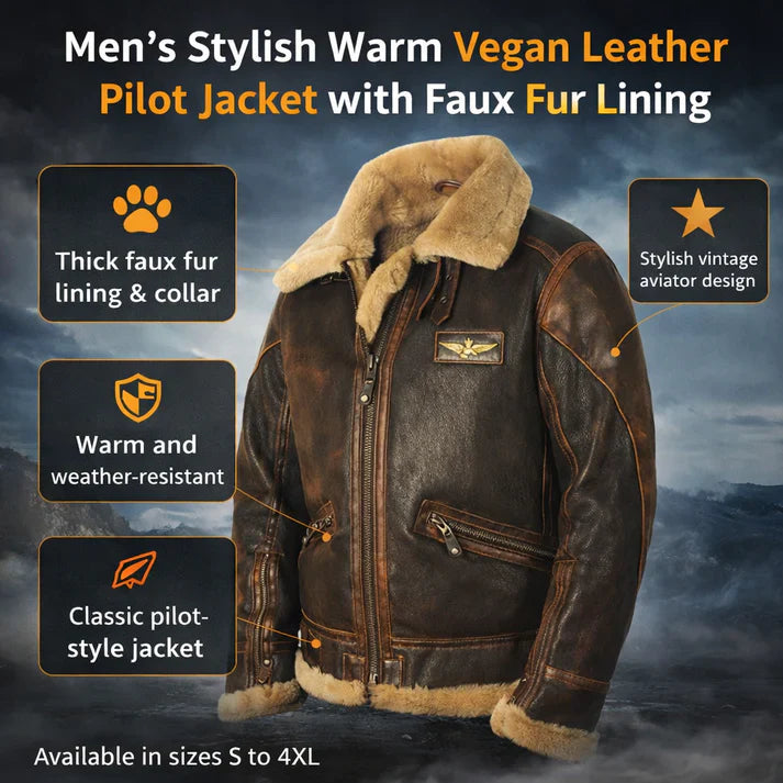 Men's Stylish Warm Vegan Leather Pilot Jacket with Faux Fur Lining | Ideal for Autumn & Winter